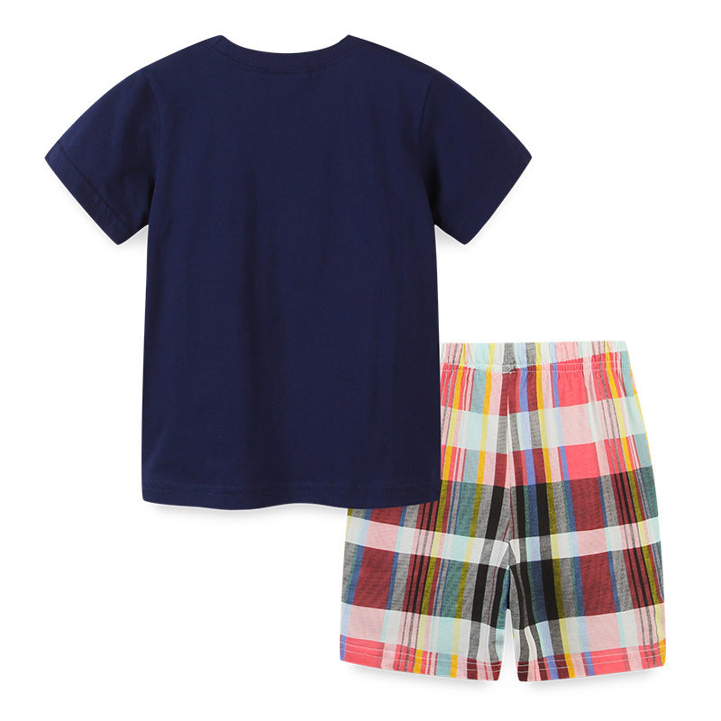 夏の遊び心コーデが完成 男の子半袖Tシャツ＆チェックショートパンツセット ヘリコプターカートゥーンプリント ニットコットン100% ネイビー 90~140cm