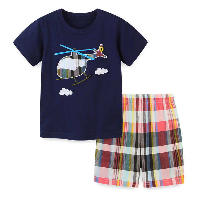 夏の遊び心コーデが完成 男の子半袖Tシャツ＆チェックショートパンツセット ヘリコプターカートゥーンプリント ニットコットン100% ネイビー 90~140cm