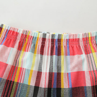 夏の遊び心コーデが完成 男の子半袖Tシャツ＆チェックショートパンツセット ヘリコプターカートゥーンプリント ニットコットン100% ネイビー 90~140cm