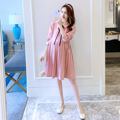 きちんと可愛いが叶う マタニティワンピース ラペルカラー リボン付き プリーツ ミディ丈 ポリエステル素材 M〜2XL