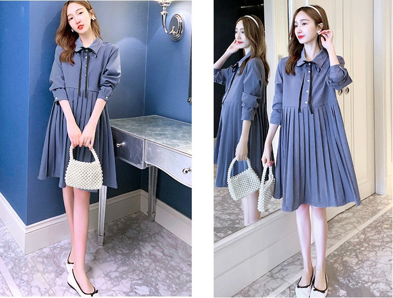 きちんと可愛いが叶う マタニティワンピース ラペルカラー リボン付き プリーツ ミディ丈 ポリエステル素材 M〜2XL