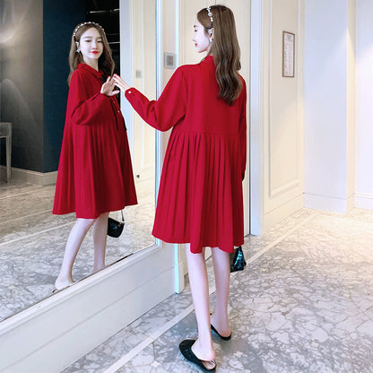 きちんと可愛いが叶う マタニティワンピース ラペルカラー リボン付き プリーツ ミディ丈 ポリエステル素材 M〜2XL