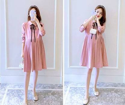 きちんと可愛いが叶う マタニティワンピース ラペルカラー リボン付き プリーツ ミディ丈 ポリエステル素材 M〜2XL