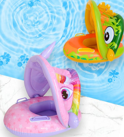 サンシェード付きアームレスト ベビースイムボート 71.5 x 55cm 環境配慮PVC キッズ用プリント浮き輪 グリーン・パープル