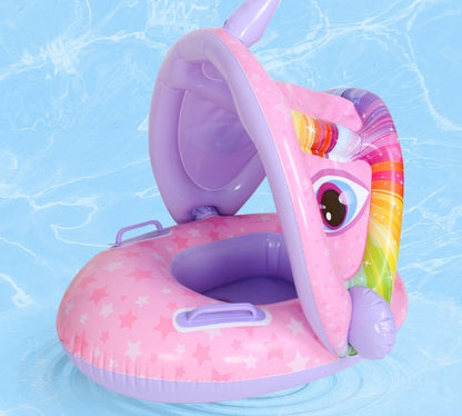 サンシェード付きアームレスト ベビースイムボート 71.5 x 55cm 環境配慮PVC キッズ用プリント浮き輪 グリーン・パープル