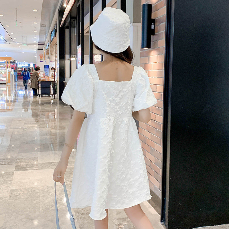 涼やかに可憐見え マタニティワンピース スクエアネック パフスリーブ コットン混素材 M〜XXL