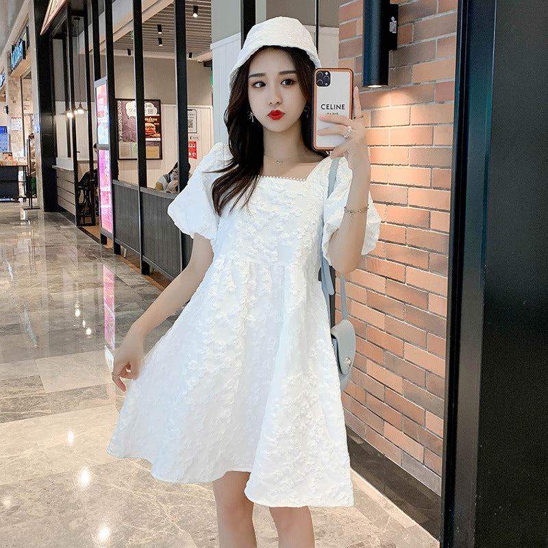 涼やかに可憐見え マタニティワンピース スクエアネック パフスリーブ コットン混素材 M〜XXL