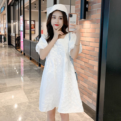 涼やかに可憐見え マタニティワンピース スクエアネック パフスリーブ コットン混素材 M〜XXL