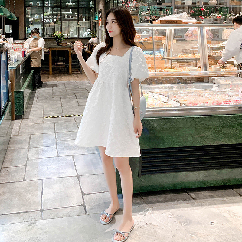 涼やかに可憐見え マタニティワンピース スクエアネック パフスリーブ コットン混素材 M〜XXL