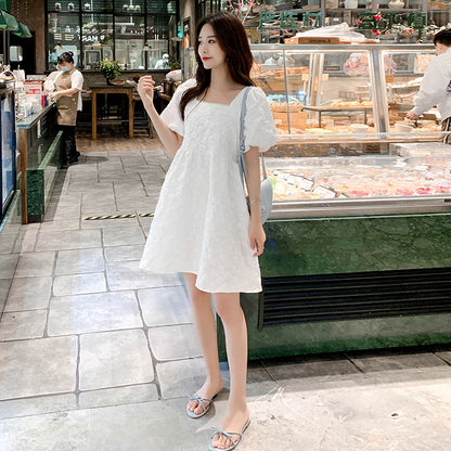 涼やかに可憐見え マタニティワンピース スクエアネック パフスリーブ コットン混素材 M〜XXL