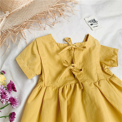 さらっと上品におでかけが決まる 女の子プリンセスワンピース 無地バックリボン結び コットン100% 80~130cm