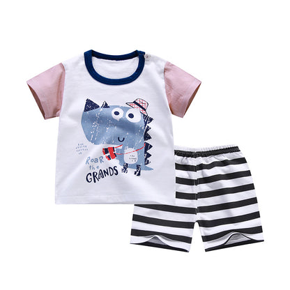 さらっと軽い着心地で毎日使える 子ども半袖セットアップ カートゥーンプリントTシャツ＋五分丈パンツ コットン100% ソフト加工 73〜130cm