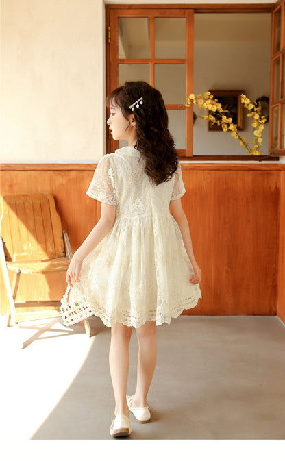 上品レースで夏のおでかけが華やぐ 女の子チュールワンピース ベージュパール 花モチーフレース ナイロン外側 コットン裏地（綿95%） 130~170cm