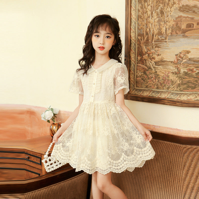 上品レースで夏のおでかけが華やぐ 女の子チュールワンピース ベージュパール 花モチーフレース ナイロン外側 コットン裏地（綿95%） 130~170cm