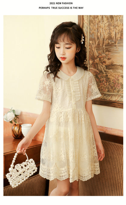 上品レースで夏のおでかけが華やぐ 女の子チュールワンピース ベージュパール 花モチーフレース ナイロン外側 コットン裏地（綿95%） 130~170cm