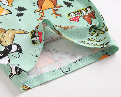 のびのび遊べて毎日が可愛く決まる 子ども半袖Tシャツ＆ショートパンツ上下セット ベビーアニマルカートゥーン総柄 韓国風 ソフト加工 0〜6ヶ月〜2〜3歳