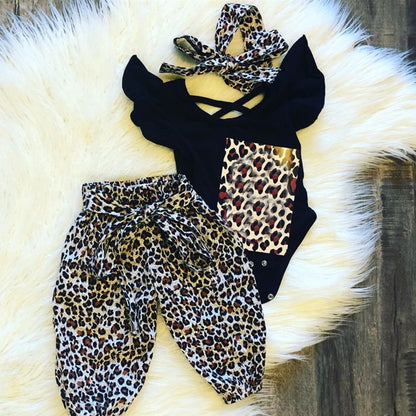 甘辛レオパードでこなれ可愛い 女の子ベビー半袖ボディスーツ＆レオパード柄パンツセット リボンヘアバンド付き 70~100cm