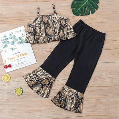 甘辛パイソン柄でおしゃれに決まる 女の子ノースリーブトップス＆フレアパンツ上下セット ブラックプリント コットン95% 80~110cm