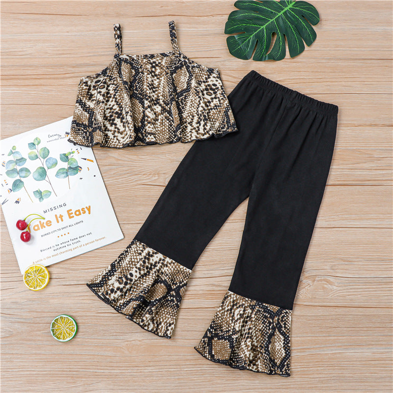 甘辛パイソン柄でおしゃれに決まる 女の子ノースリーブトップス＆フレアパンツ上下セット ブラックプリント コットン95% 80~110cm