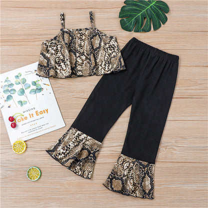 甘辛パイソン柄でおしゃれに決まる 女の子ノースリーブトップス＆フレアパンツ上下セット ブラックプリント コットン95% 80~110cm