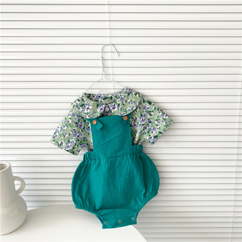 花柄ブラウスで上品にまとまる 女の子サロペットロンパースセット フラワー柄 半袖 薄手ソフト加工 66〜90cm