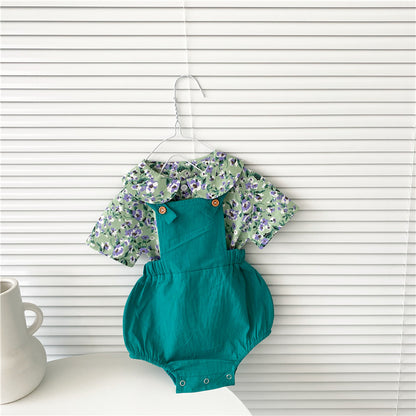 花柄ブラウスで上品にまとまる 女の子サロペットロンパースセット フラワー柄 半袖 薄手ソフト加工 66〜90cm