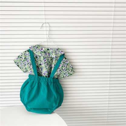 花柄ブラウスで上品にまとまる 女の子サロペットロンパースセット フラワー柄 半袖 薄手ソフト加工 66〜90cm