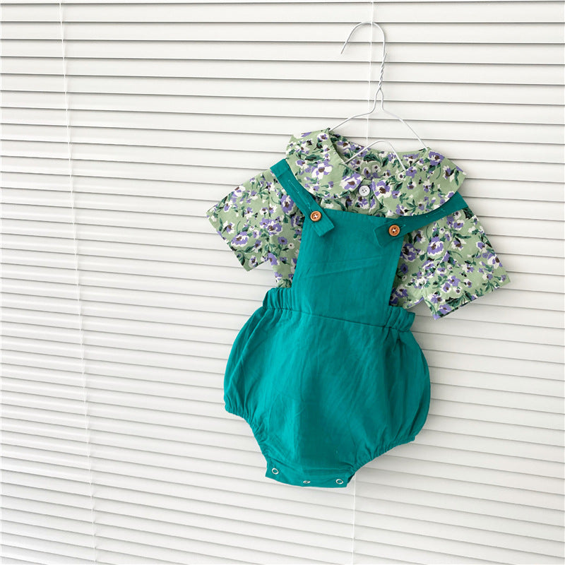 花柄ブラウスで上品にまとまる 女の子サロペットロンパースセット フラワー柄 半袖 薄手ソフト加工 66〜90cm