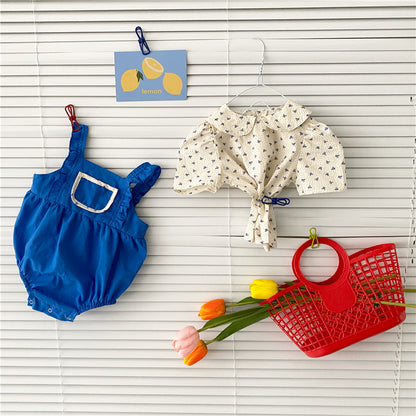軽やかコットンでおでかけがもっと楽しい 女の子2点セット 花柄半袖ブラウス×ブルーサロペットロンパース コットン95% 66〜90cm