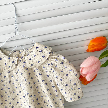 軽やかコットンでおでかけがもっと楽しい 女の子2点セット 花柄半袖ブラウス×ブルーサロペットロンパース コットン95% 66〜90cm