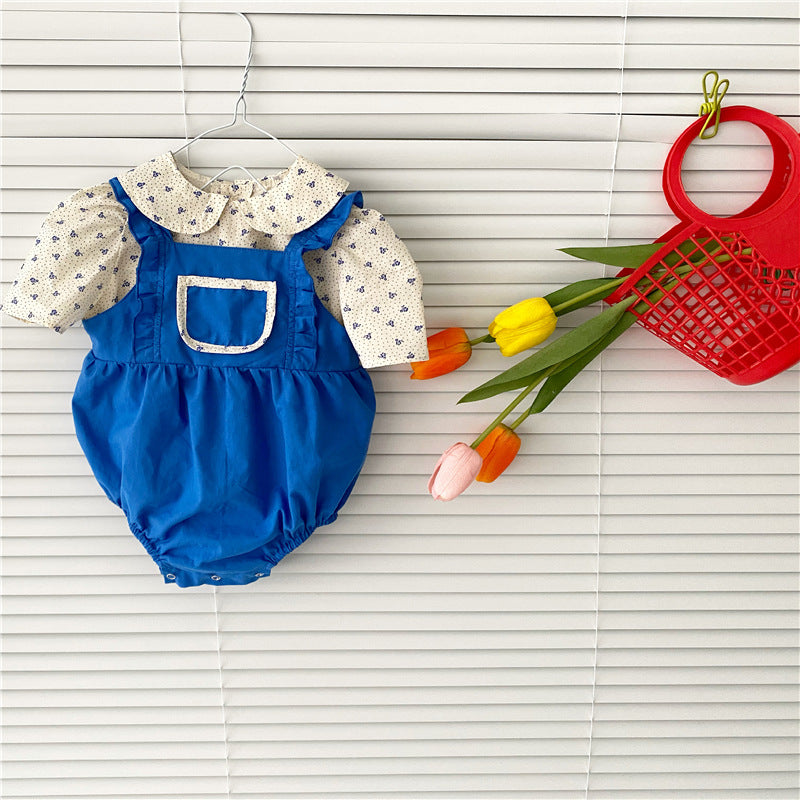 軽やかコットンでおでかけがもっと楽しい 女の子2点セット 花柄半袖ブラウス×ブルーサロペットロンパース コットン95% 66〜90cm