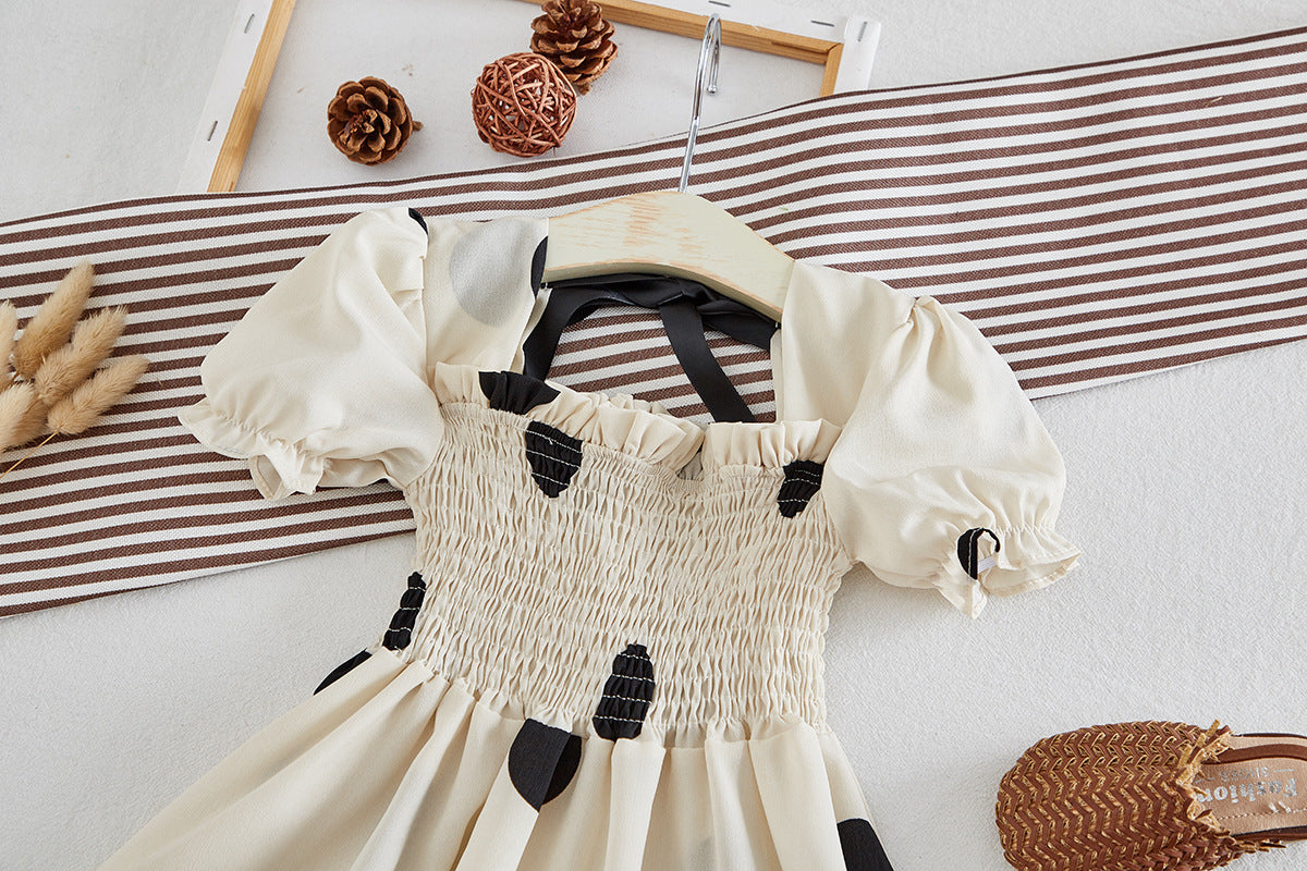 涼やかドットが映える 女の子フレンチパフスリーブワンピース シャーリングコルセット風 ポリエステル 100~140cm