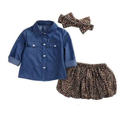 こなれ感たっぷりでおでかけが映える 女の子デニム風長袖シャツ＆レオパードスカート＆ヘアバンド3点セット ブルー×レオパード 80~120cm