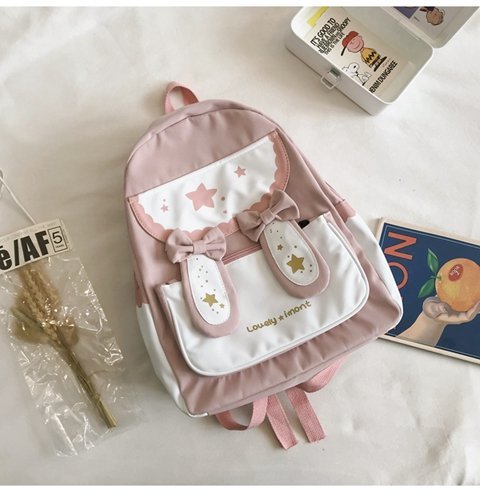 うさぎ耳 リボン付き キッズバックパック 縦型スクエア ソフトハンドル 前ポケット 通園 おでかけ