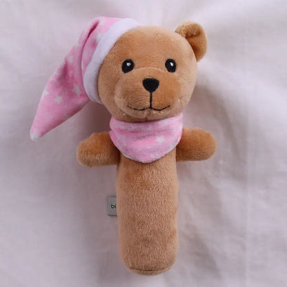 ピンクのパジャマベアBIBIぬいぐるみラトルを縦向きに撮影した正面画像  
