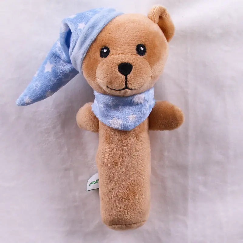 青いパジャマベアBIBIぬいぐるみラトルを縦向きに撮影した正面画像  
