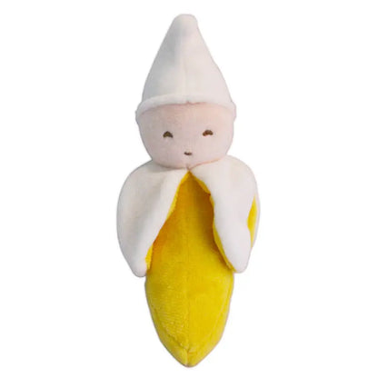 バナナモチーフのガラガラぬいぐるみラトルを単体で撮影した商品画像  
