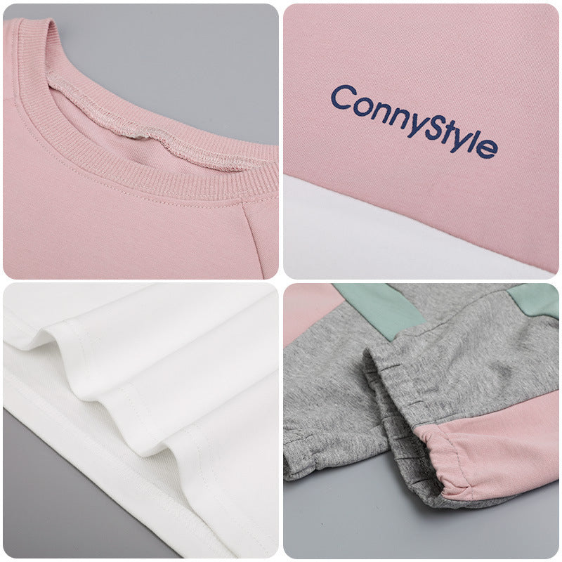 スポーティー配色で動きやすい 女の子半袖Tシャツ＆クロップドパンツセット コットン ロゴプリント 110~170cm