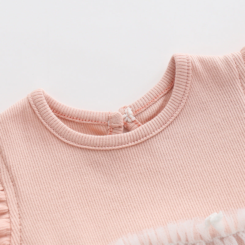 ふんわり小花チュールで可憐に決まる 女の子ベビーロンパースワンピース 半袖 コットン100% 隠しスナップ ピンク・ホワイト 59~90cm