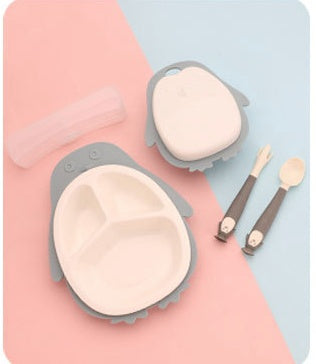 子ども用ペンギン食器セット 仕切りプレート・小鉢・スプーン＆フォークの俯瞰イメージ
