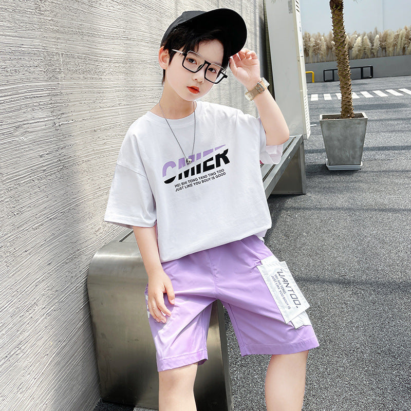 さらっと軽やかで夏コーデが即完成する 男の子薄手半袖Tシャツ＆ショートパンツセット ロゴプリント コットン 120~170cm