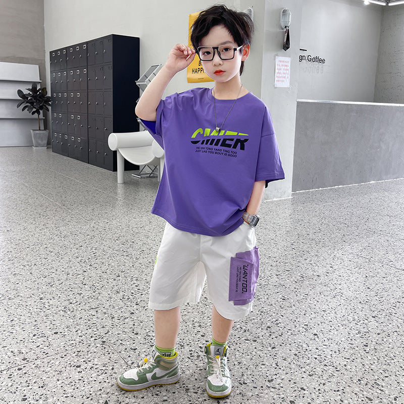 さらっと軽やかで夏コーデが即完成する 男の子薄手半袖Tシャツ＆ショートパンツセット ロゴプリント コットン 120~170cm