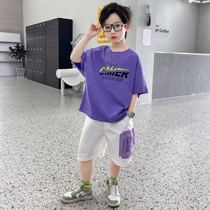 さらっと軽やかで夏コーデが即完成する 男の子薄手半袖Tシャツ＆ショートパンツセット ロゴプリント コットン 120~170cm