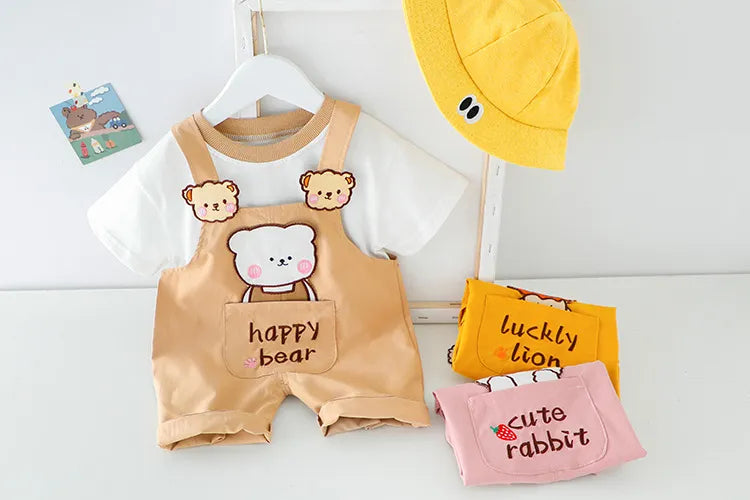夏の毎日がもっと可愛くなる ベビー半袖セット サロペット風オーバーオール カートゥーン刺繍デザイン コットン 韓国風 70~110cm