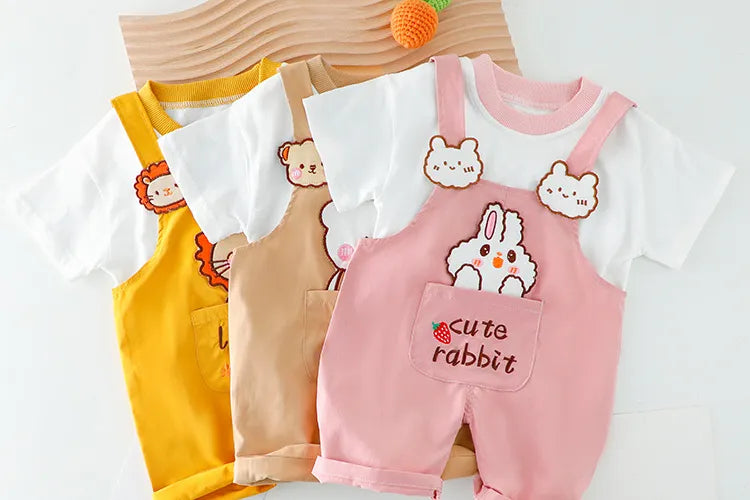 夏の毎日がもっと可愛くなる ベビー半袖セット サロペット風オーバーオール カートゥーン刺繍デザイン コットン 韓国風 70~110cm