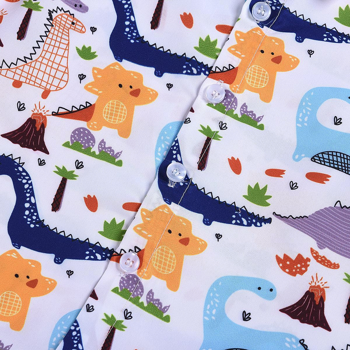 元気に遊べて夏コーデが完成 男の子恐竜カートゥーンプリント半袖シャツ＆イエローショートパンツセット コットン 薄手 80~120cm