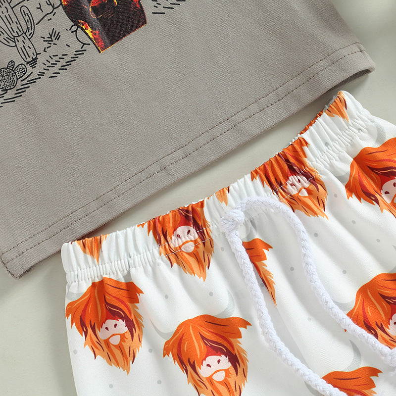 元気に遊べておしゃれも決まる 男の子半袖Tシャツ＆ショートパンツ上下セット WILD CHILD牛プリント コットン 70~110cm