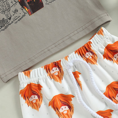 元気に遊べておしゃれも決まる 男の子半袖Tシャツ＆ショートパンツ上下セット WILD CHILD牛プリント コットン 70~110cm