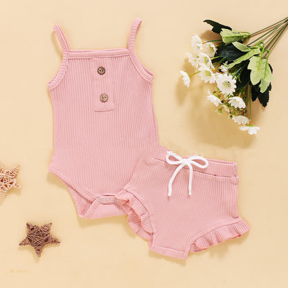ふんわりやさしく着映える 女の子ベビー ノースリーブボディスーツ＆フリルショートパンツ上下セット リブニット無地 コットン 60~100cm