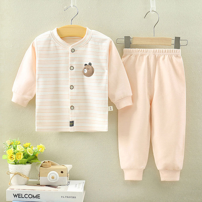 ライトピンクのボーダー長袖トップスとパンツの女の子向けパジャマ
